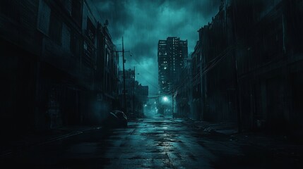Obraz premium dark gloomy city street at night. background for crime. dark foggy abandoned city with glowing light, crime dark background. 