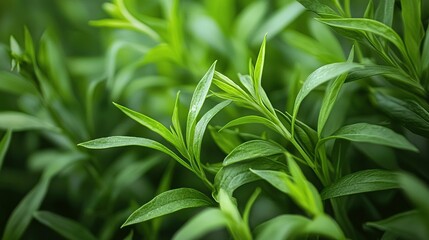 Obraz premium A close-up of a green plant with leaves in the foreground and a blurry background