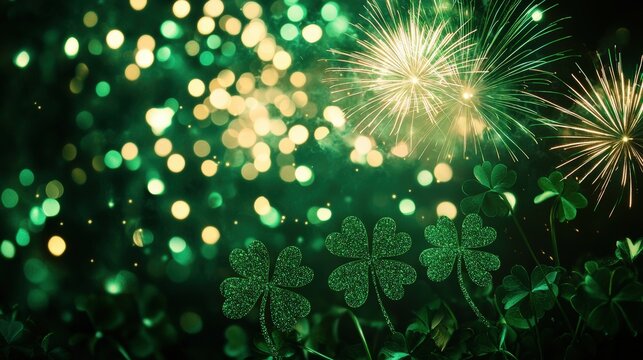 St. Patrick's Day Fireworks Display with Shamrocks and Green Lights - Festive Night Celebration