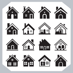 Black silhouettes of houses and cottages, home property logo set package, home button, residential building, country cottage, apartment vector illustrations.