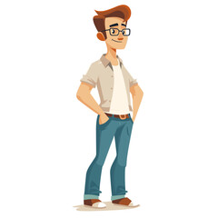 Fototapeta premium A man in glasses and blue jeans stands with his hands on his hips. He is smiling and he is confident
