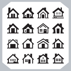 Black silhouettes of houses and cottages, home property logo set package, home button, residential building, country cottage, apartment vector illustrations.