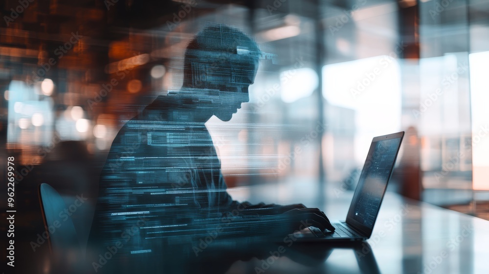 Aufkleber Profile of a hacker typing on a laptop in a digital environment with abstract data patterns. Concept of cybersecurity and hacking threats with a focus on data protection.
