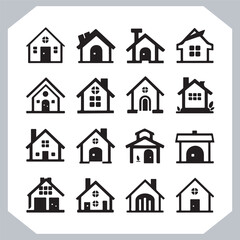 Black silhouettes of houses and cottages, home property logo set package, home button, residential building, country cottage, apartment vector illustrations.