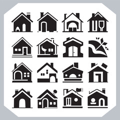 Black silhouettes of houses and cottages, home property logo set package, home button, residential building, country cottage, apartment vector illustrations.