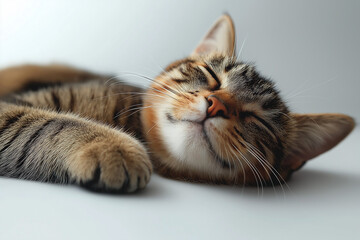 Fototapeta premium Beautiful cat relaxing calmly on a plain isolated background. Ideal for showcasing serenity, pet relaxation, and peaceful moments. Perfect for cat-themed designs and content
