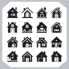 Black silhouettes of houses and cottages, home property logo set package, home button, residential building, country cottage, apartment vector illustrations.