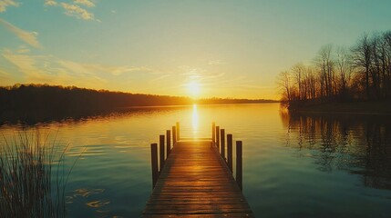 Fototapeta premium A dock sits before a waterbody as the sun descends beyond it