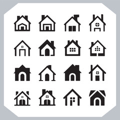 Black silhouettes of houses and cottages, home property logo set package, home button, residential building, country cottage, apartment vector illustrations.