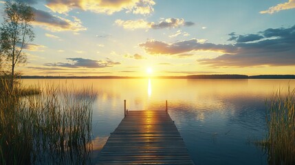 Obraz premium A picturesque dock amidst a serene lake, bathed in the golden light of sunset while soft clouds drift lazily above the tranquil waters