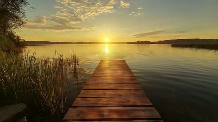 Obraz premium Wooden dock rests near lush green shore and cloudy sky over lake