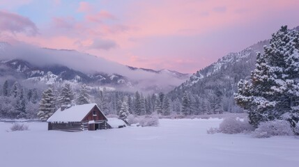 Fototapeta premium Snowy Mountain Cabin at Sunrise