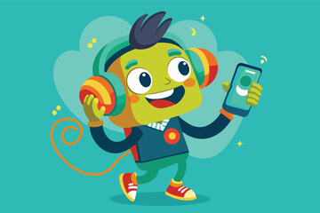 Smiling cartoon monster wearing headphones and listening to music on a portable radio. Concept of music lover, enjoyment, entertainment, and retro style