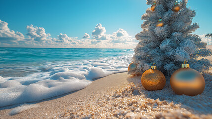 Embrace the magic of the season with this dazzling, sparkly Christmas tree set against a picturesque tropical beach shoreline. A unique blend of holiday cheer and beachside beauty!