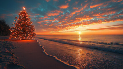 A festive Christmas tree stands tall on a tropical beach at sunset, with the sky ablaze in vibrant sunset colors. A unique and breathtaking blend of holiday cheer and exotic beauty