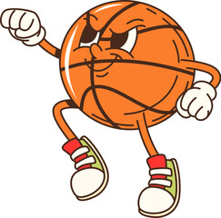 Cartoon groovy school sport basketball ball character in energetic pose. Isolated vector personage with expressive facial expression, wearing sneakers, and looking ready for sporty fun and competition