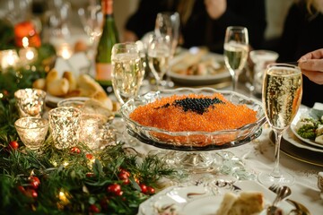 Traditional Russian New Year's Dinner with Olivier Salad, Caviar, and Champagne for Celebratory Family Gathering