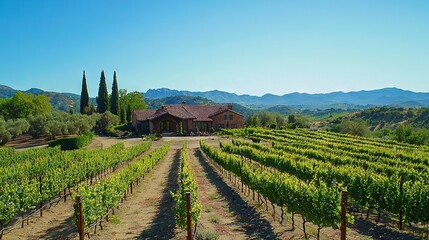  A house in a vineyard with numerous trees in the foreground and mountains in the background