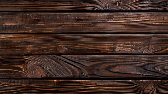 Dark stained wood boards with grain and texture Flat wood background with parallel horizontal lines 