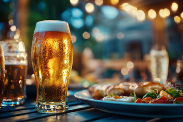 Chilled Beer Glass with Bokeh Lights and Bavarian Dish in a Festive Outdoor Setting