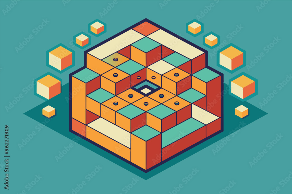 Aufkleber abstract geometric design with interlocking cubes and layers in blue, green, and orange