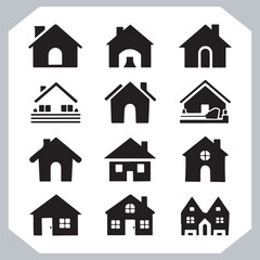 Black silhouettes of houses and cottages, home property logo set package, home button, residential building, country cottage, apartment vector illustrations.