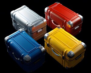 Four suitcases in bright colors--blue, red, yellow, and silver--isolated on a deep black background.