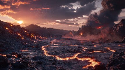   Lava landscape with fiery stream from summit and distant sun