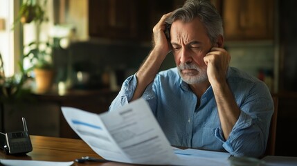 Fototapeta premium frustrated man overwhelmed by bills and paperwork at home representing financial stress and debt