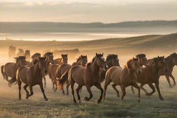 Fototapeta premium Wild Horses Galloping at Dawn