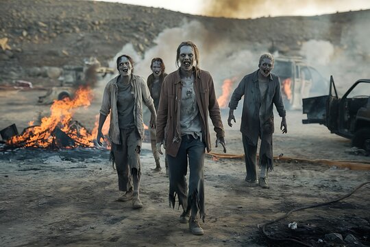 A group of zombies walking towards the camera in a post apocalyptic setting