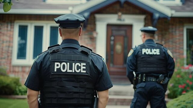 Police officers standing in front of a house