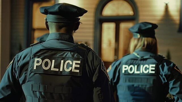 Police officers standing in front of a house