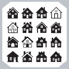 Black silhouettes of houses and cottages, home property logo set package, home button, residential building, country cottage, apartment vector illustrations.