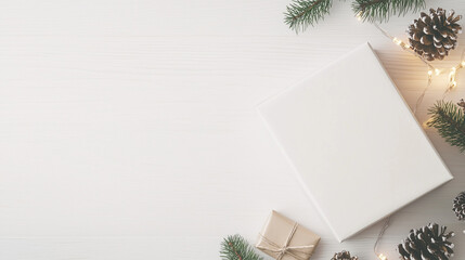 Fototapeta premium Holiday Cheer Essentials: Flat Lay of a Minimalistic White Corrugated Box on a Classic Wooden Table with Holiday Lights, Pinecones, and Seasonal Accents. photo