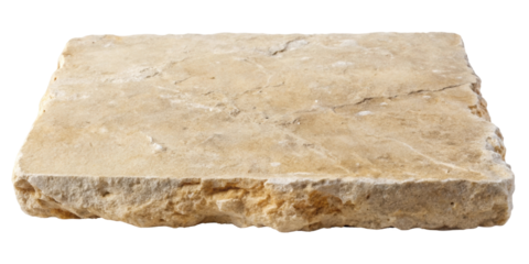 Flat beige stone tile with a rough surface, ideal for flooring or decorative use in landscaping and architectural designs. Isolated on transparent background, png.