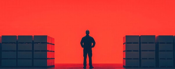 Silhouette of a manager overseeing workers packing cargo in a distribution warehouse, silhouette manager overseeing, cargo packing logistics