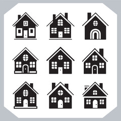 Black silhouettes of houses and cottages, home property logo set package, home button, residential building, country cottage, apartment vector illustrations.