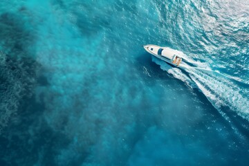 An aerial top view of a luxury speedboat gliding across vibrant blue water on a sunny day. 