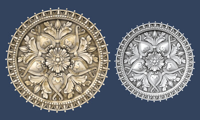 Ornament in a circle of marble and concrete, historical, architectural stucco, vintage floral background with embossing, medieval pattern, 3d render