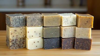 Artisan Soap Showcase, a vibrant array of handcrafted soap bars, featuring unique textures and earthy colors, elegantly arranged for display.