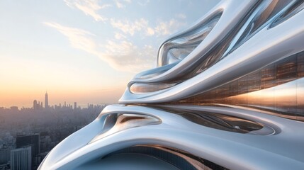 Fototapeta premium Futuristic building with sleek curves and a cityscape view.