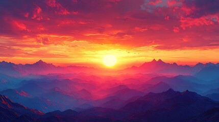 Fototapeta premium Vibrant sunset over a mountain range with the sky glowing in warm hues