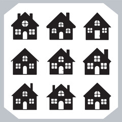 Black silhouettes of houses and cottages, home property logo set package, home button, residential building, country cottage, apartment vector illustrations.