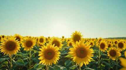 Fototapeta premium A lush sunflower field under a cloudless blue sky