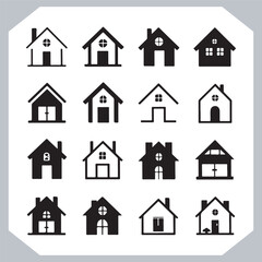 Black silhouettes of houses and cottages, home property logo set package, home button, residential building, country cottage, apartment vector illustrations.