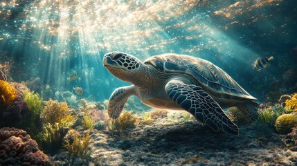 Obraz premium A serene image of a sea turtle resting on the ocean floor
