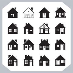 Black silhouettes of houses and cottages, home property logo set package, home button, residential building, country cottage, apartment vector illustrations.