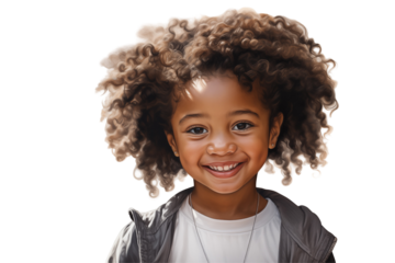 Young black girl smiling on transparent background. PNG cut out. Vector. Childhood themes. African girl. Afro-American girl. Image for graphic designer. Image for flyers.