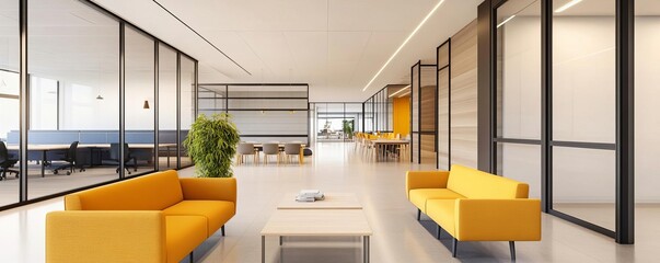 Modern co-working lounge with sleek furniture, open floor plan, and dedicated zones for meetings and brainstorming